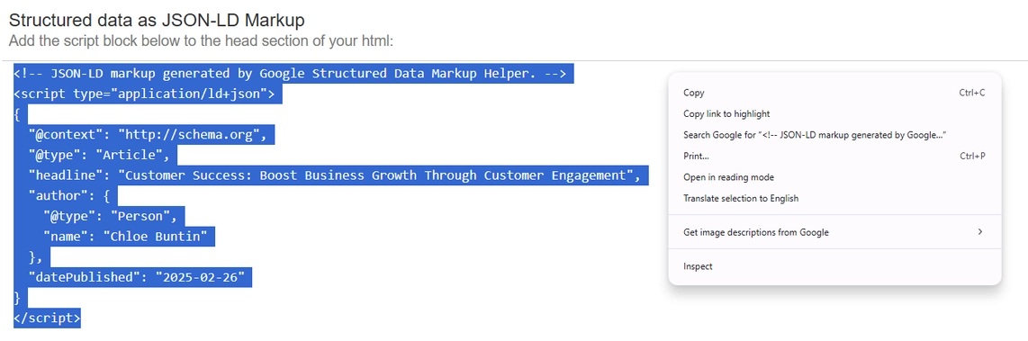 Copying the generated JSON-LD code 