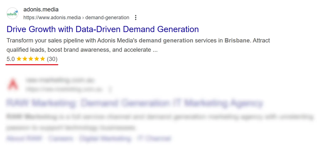 Example of rich snippet showing star ratings of Adonis Media